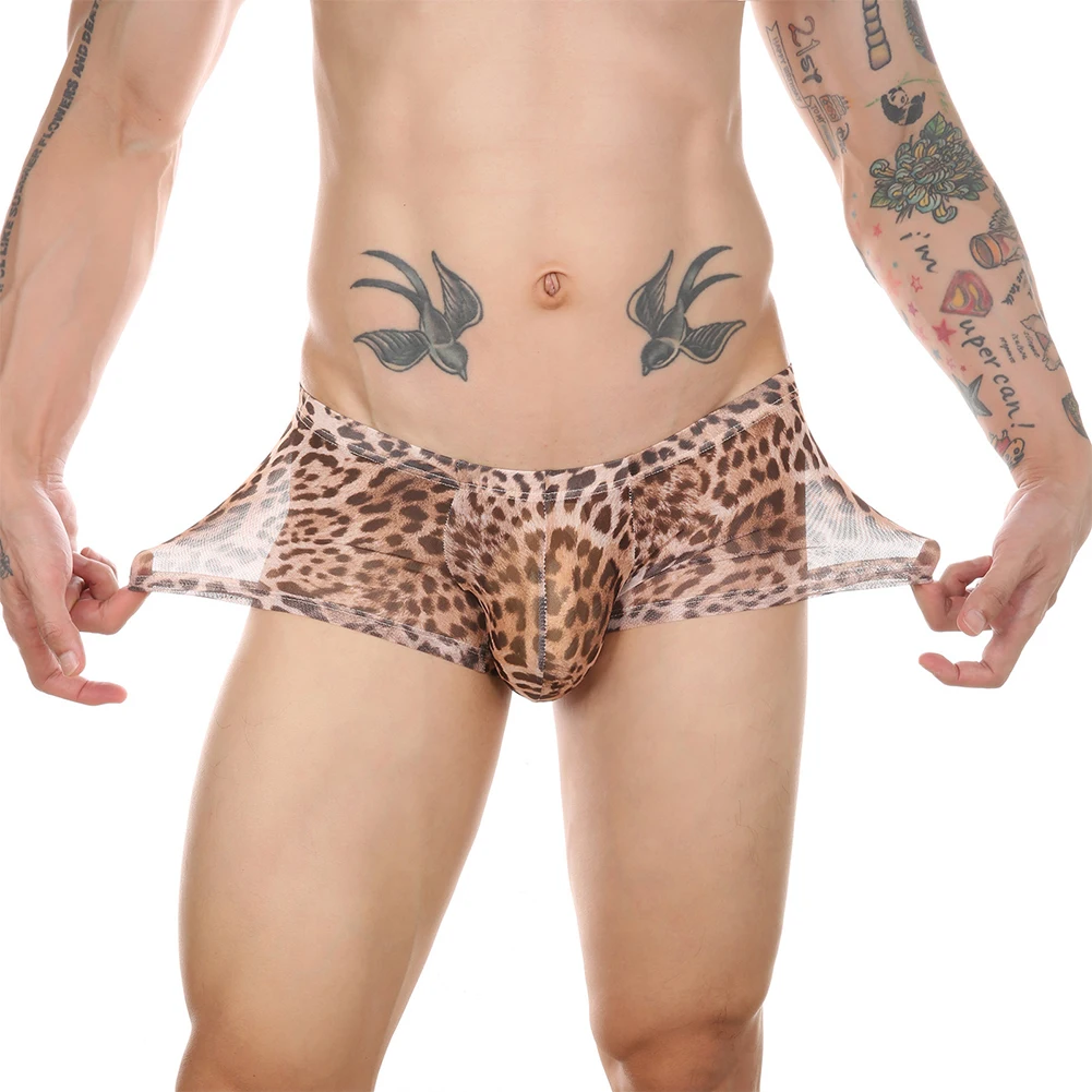 Roupa interior masculina calcinha ver através de malha pura estiramento boxer briefs respirável confortável leopardo impressão