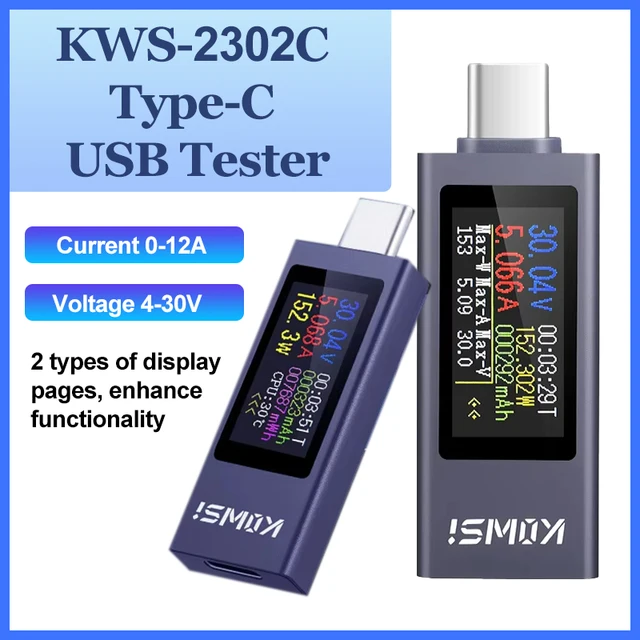 KWS-2302C Tester USB typu C wielofunkcyjny cyfrowy wyświetlacz napięcie prądu miernik mocy Tester ładowania telefonu DC 4-30V 0-12A