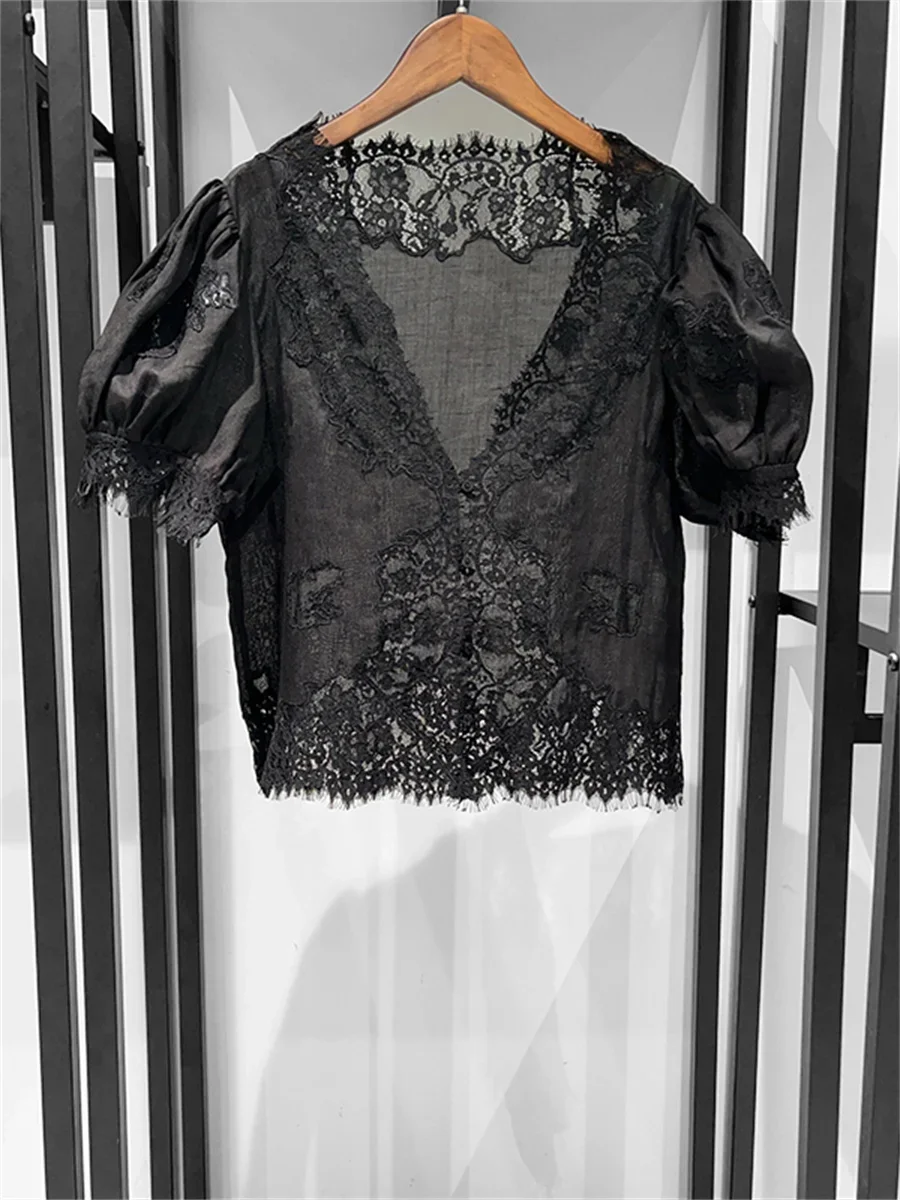

Women's White or Black Shirt Puff Sleeve Single Breasted Lace V-Neck Shirt Tops Summer