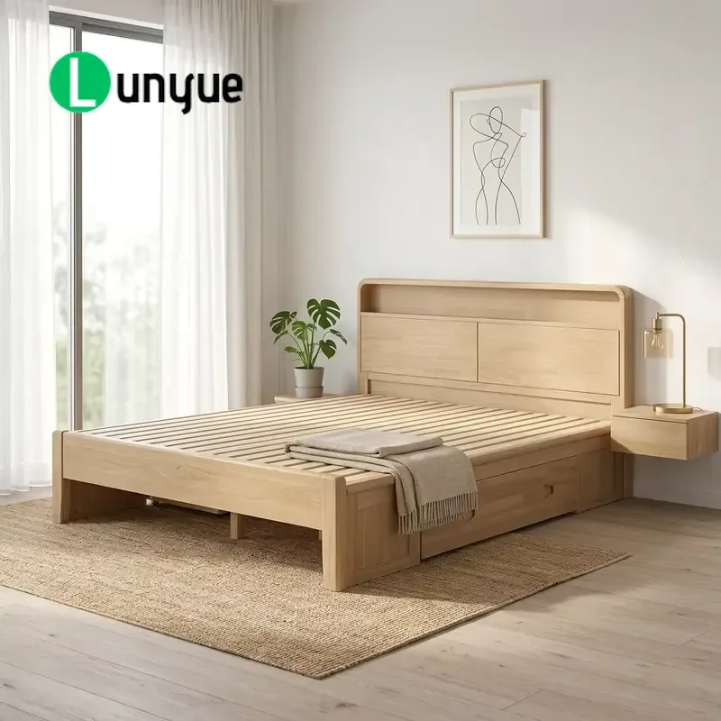 Modern Full Size Double Bed Solid Wood Platform Frame with Soft Upholstery Multi Functional Storage Space Saving Eco Friendly
