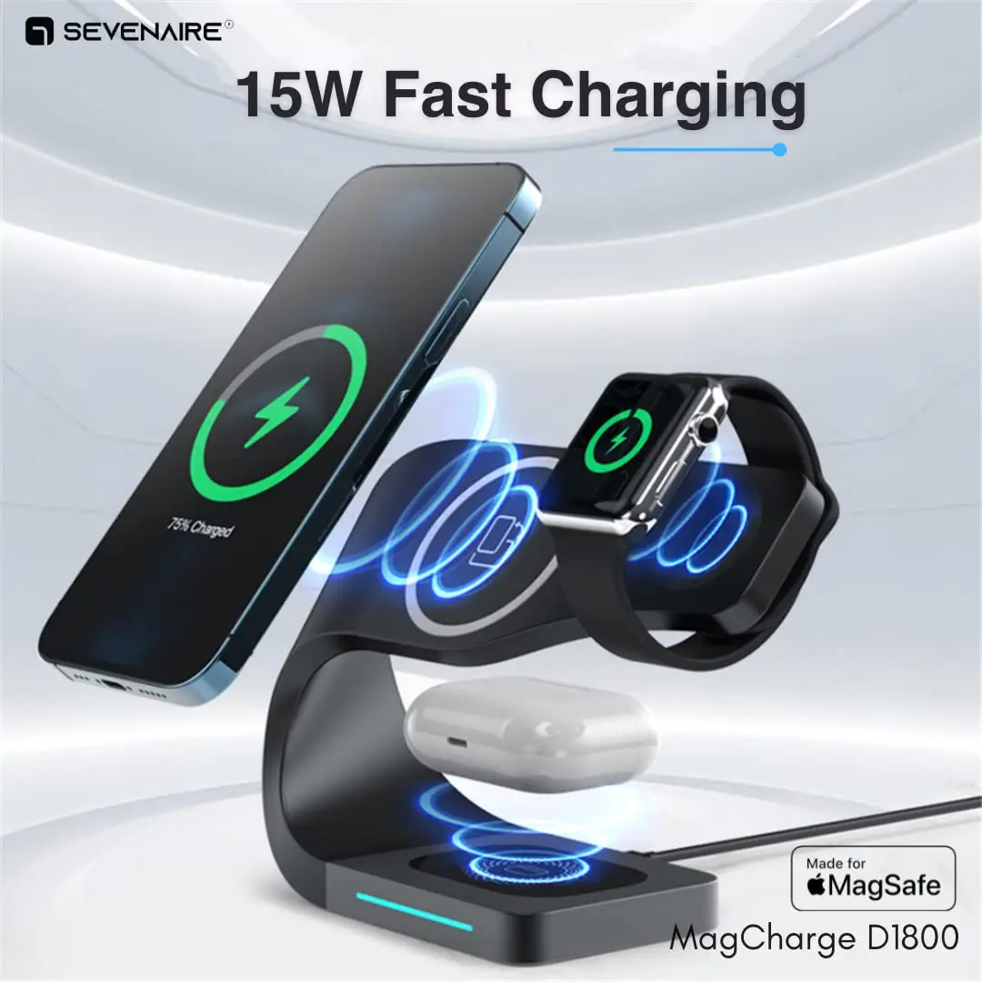 SEVENAIRE MagCharge D1800 3 in 1 Wireless Charger, Charging Dock [15W Fast Charge] [Mag-Safe Compatible] Wireless Charger Stand