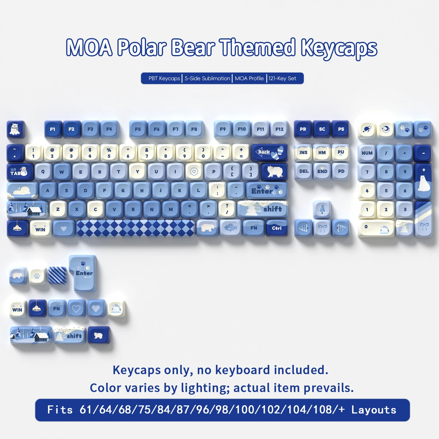 Polar Bear Keycaps 121 Keys PBT Keycap MOA XOA Profile DYE-SUB For MX Switch Wooting Mechanical Keyboard Keycaps ISO ANSI Layout