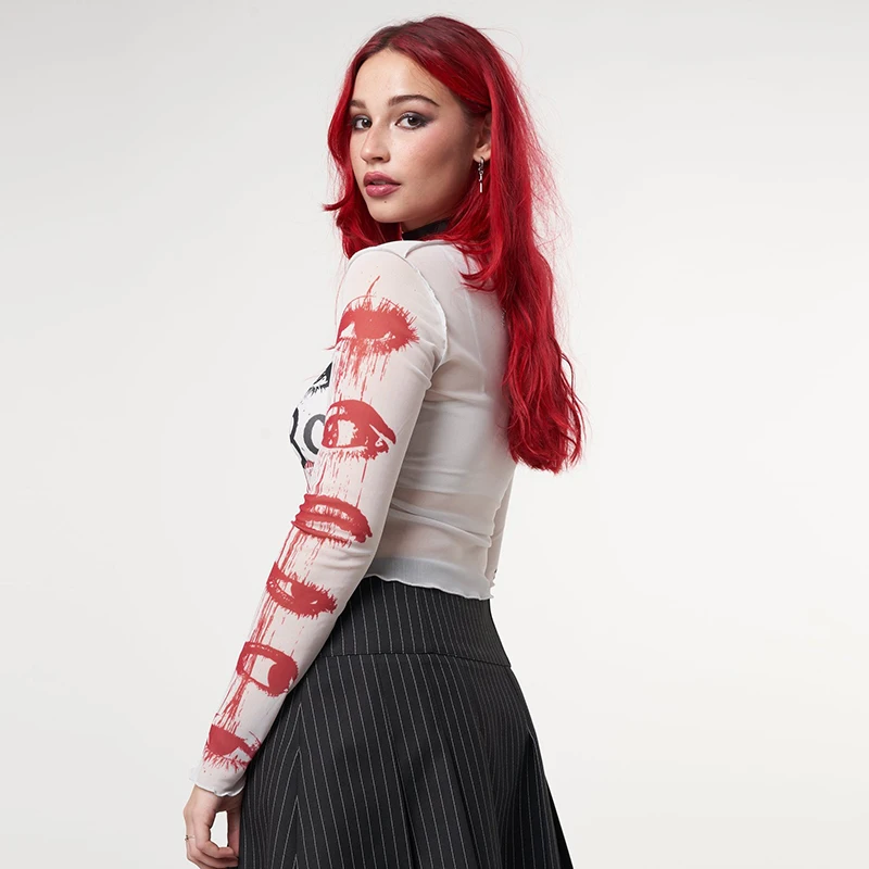 Fashion Woman Blouses New In Mesh Crop Tops Long Sleeve Printed T-shirts Gyaru Streetwear Grunge Downtown Girl Youthful Pulovers