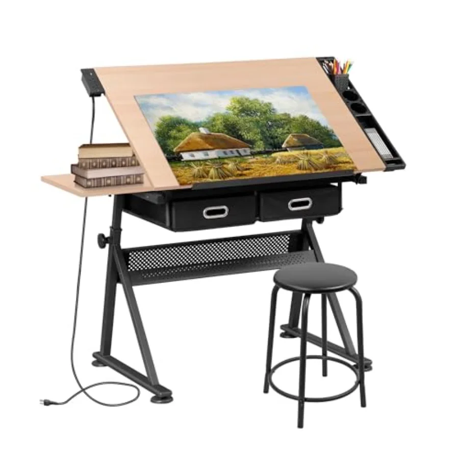 

Drafting Table Set with Charging Station Tilting Tabletop Adjustable Height Art Desk Multifunctional Craft Workstation with Sto