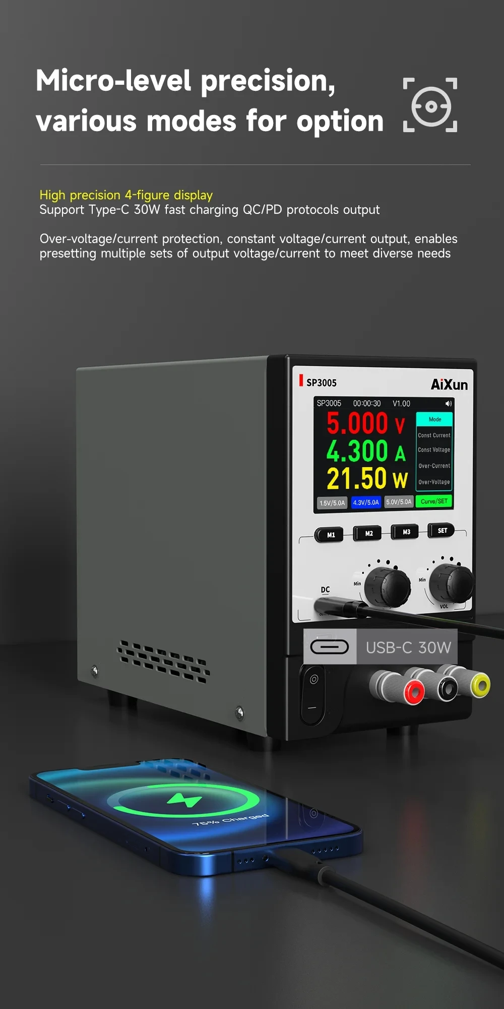 

AIXUN SP3005 Programmable CNC DC Switching Power Supply Adjustable 30V 5A Voltage Current Dual Input LAB Desktop Power Supply