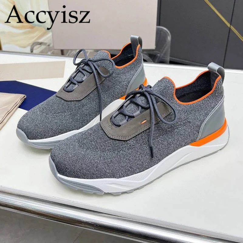 

Summer Knitting Lace Up Flat Shoes Men's Mixed Color Thick Sole Breathable Sneakers Comfort Casual Shoes Non-slip Running Shoes