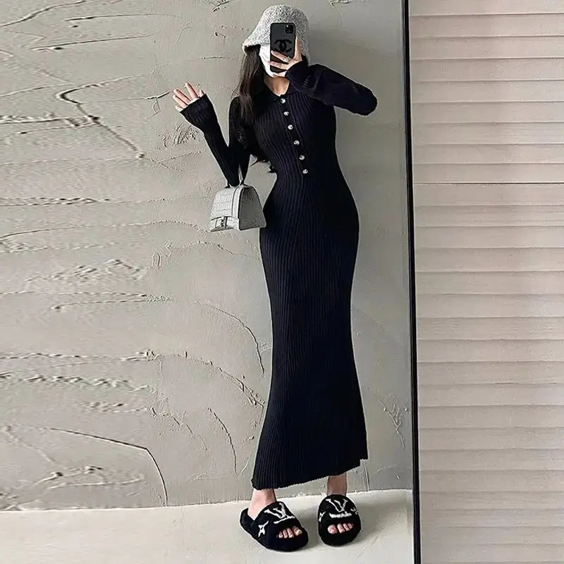 YoungGirlDay Pure Desire Style Sexy Slimming Slimming Flip Collar Long Sleeve Knitted Butt Wrapping Fish Tail Dress Long Skirt