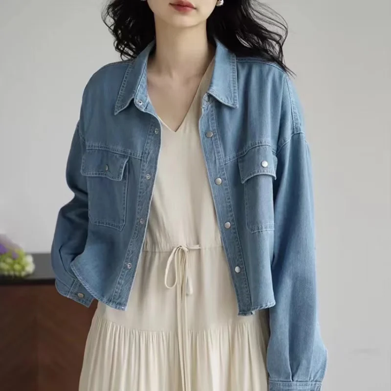 

Blue Denim Shirt Women 2023 Autumn New Single-Breasted Jeans Blouses Female Pockets Loose Fashion Lapel Cowboy Blusas