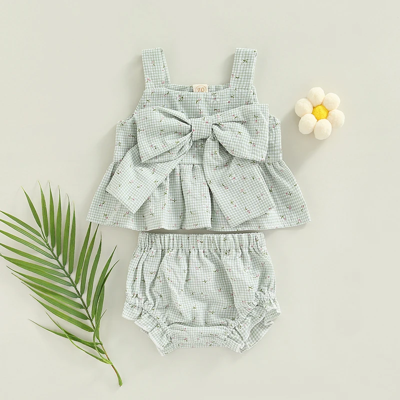 Lioraitiin Summer Infant Baby Girl Outfits Suit Plaid Pattern Floral Printed Bowknot Suspender Tops Shorts Clothes Set