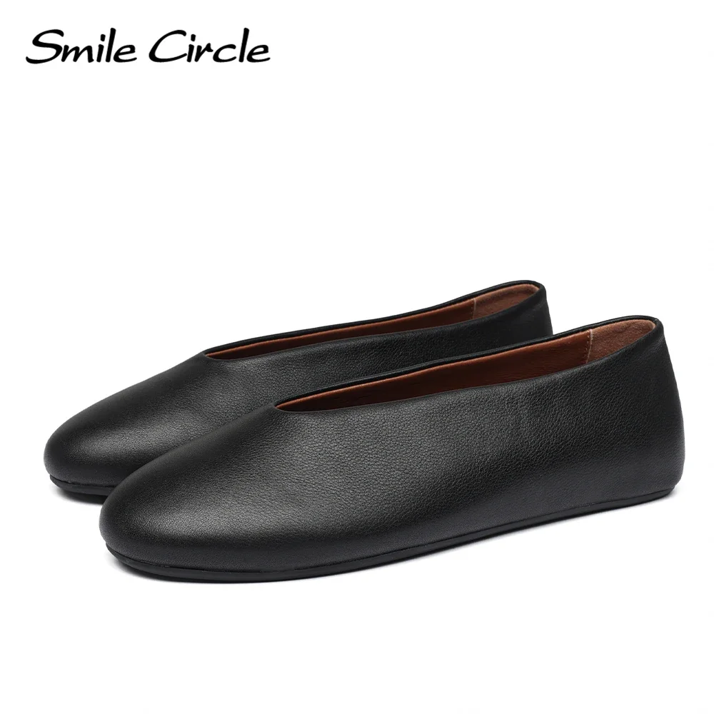 Smile Circle Leather Ballet Flats Women Simple and Comfortable Round toe Flats Shoes Beige/Black/White