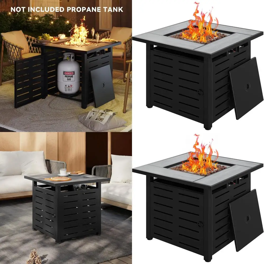 

28-дюймовый пропановый стол-очаг с керамической столешницей, уличный обогреватель мощностью 50 000 BTU, в комплекте лавовые камни, съемная крышка, черный цвет