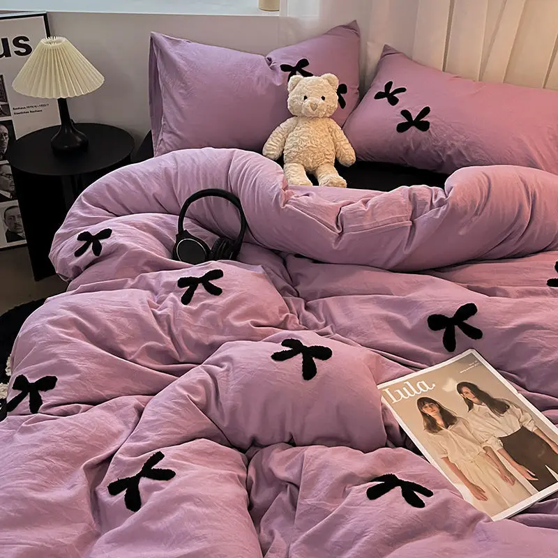 INS Bowknot Duvet Cover Solid Color Bed Linens Pillowcases Luxury Purple Black Bedding Set For Girls Woman Decor Home