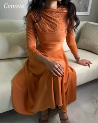 Cenove Long Sleeves A-Line Evening Gown Formal Princess O-Neck Beaded Prom Orange New Party Dresses for Women 2023