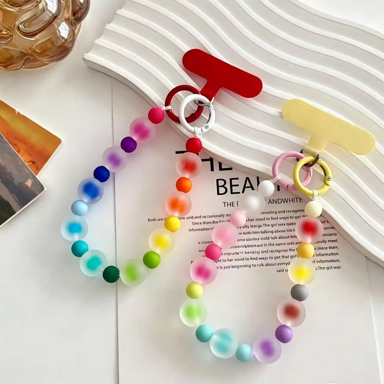 Rainbow Frosted Jelly Bead Phone Lanyard Double Clasp Anti-lost Wrist Strap Keychain Cute Handbag Pendant Mobile Chain For Women