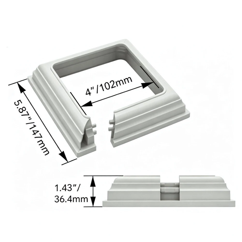 Two-Piece PVC Base Trim Skirt Designed for 4 x 4 Inch Posts Vinyl Post Cover for Deck Railings and for exterior Stair