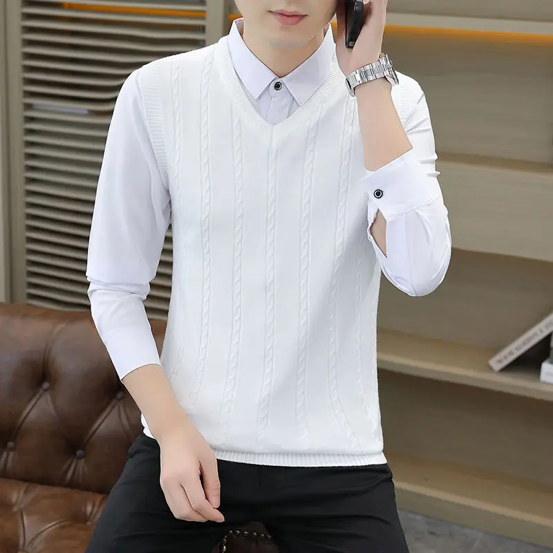 Chaleco de punto sin mangas con cuello en V para hombre, jersey ajustado de estilo coreano, versátil para jóvenes, otoño e invierno