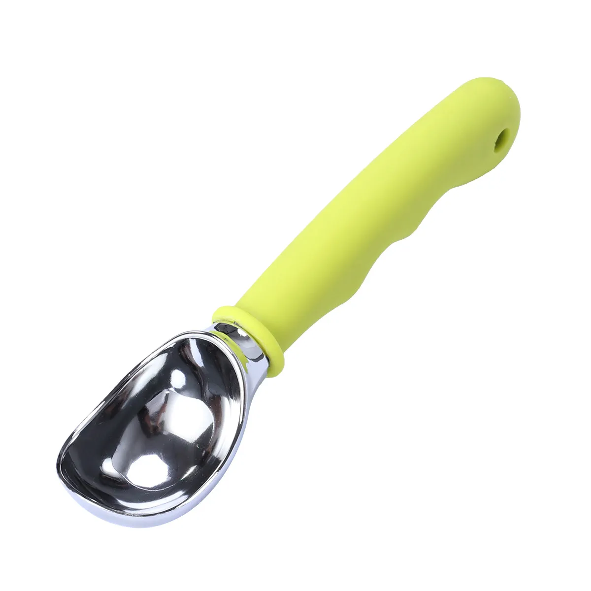 Cuchara de aleación de zinc para helado, masa de galletas y puré de patatas, con mango de ABS verde, palanca giratoria y mangos resistentes con resorte