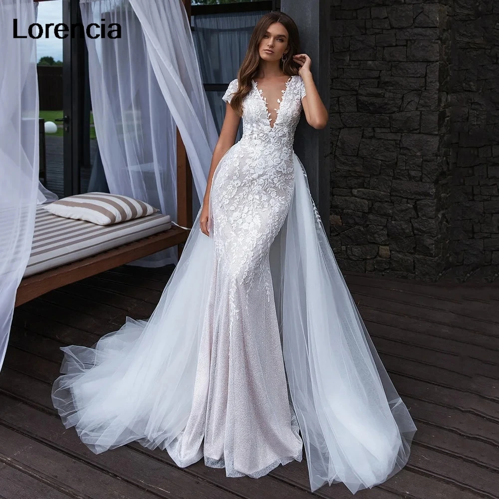 Lorencia Mermaid Wedding Dress Detachable Tulle Skirt Beading Lace Applique Backless Bridal Bride Gown Vestidos De Novia YMW160