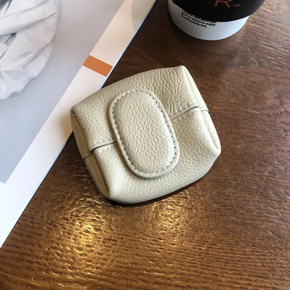 Soft Lychee Pattern Coin Purse Snap Button Multifunctional Mini Cowhide Wallet Lightweight Square Earphone Storage Bag