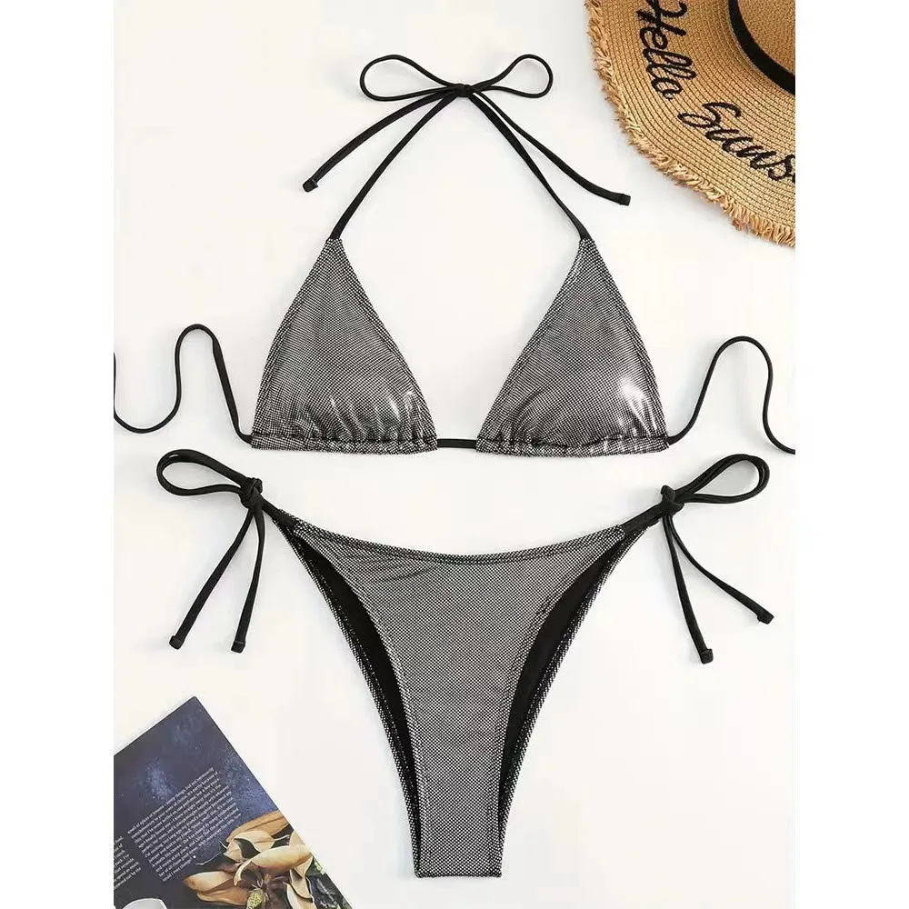 

Сексуальные металлические стринги с треугольными топами и завязками по бокам, комплект бикини для женщин