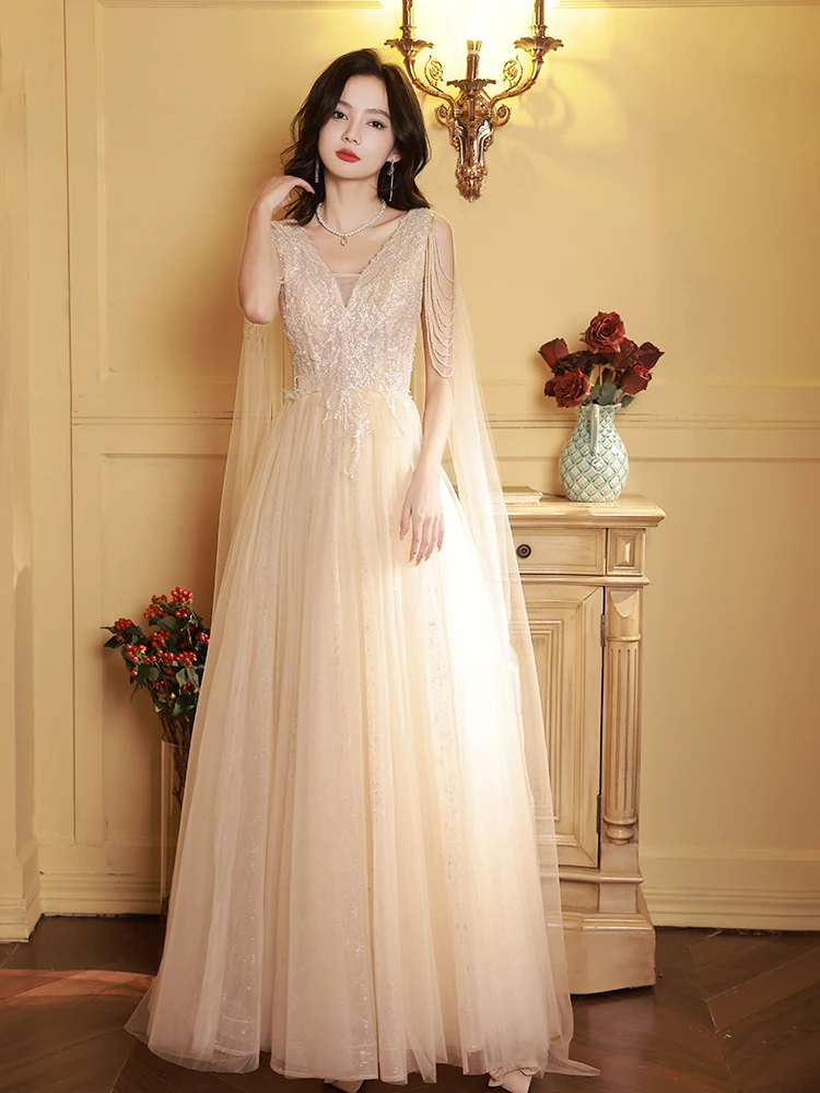 

High-End Evening Gown V-Ne Champaign Color for Annual Conference Host Vocal Art Exam Fairy Forest System oulder Tassel