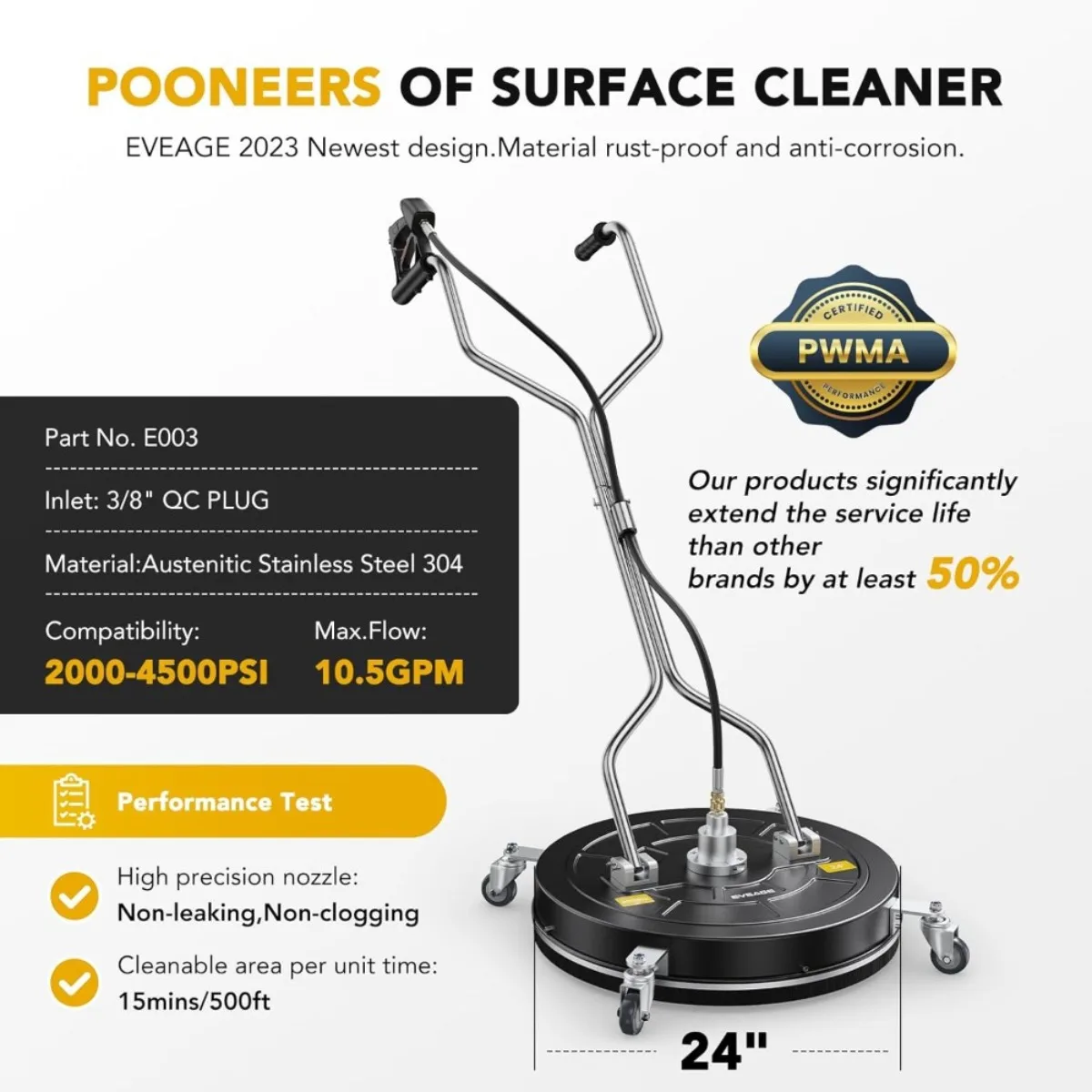 منظف أسطح عالي التحمل مقاس 24 بوصة EP003، 4000 رطل لكل بوصة مربعة من الفولاذ المقاوم للصدأ للخرسانة والرصيف، مع مقابض رش مزدوجة