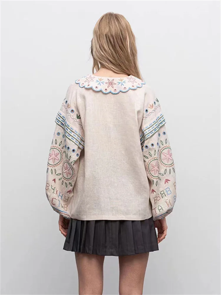 Ladies Single Breasted Puff Sleeve Sweet Shirt Spring 2024 New Women Peter Pan Collar Colorful Embroidery Blouse