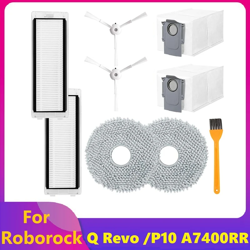 9PCS Spare Parts Parts Kit For Roborock Q Revo /Roborock P10 A7400RR Robot Vacuum Cleaner Side Brushe Filter Dust Bags Mop Pad