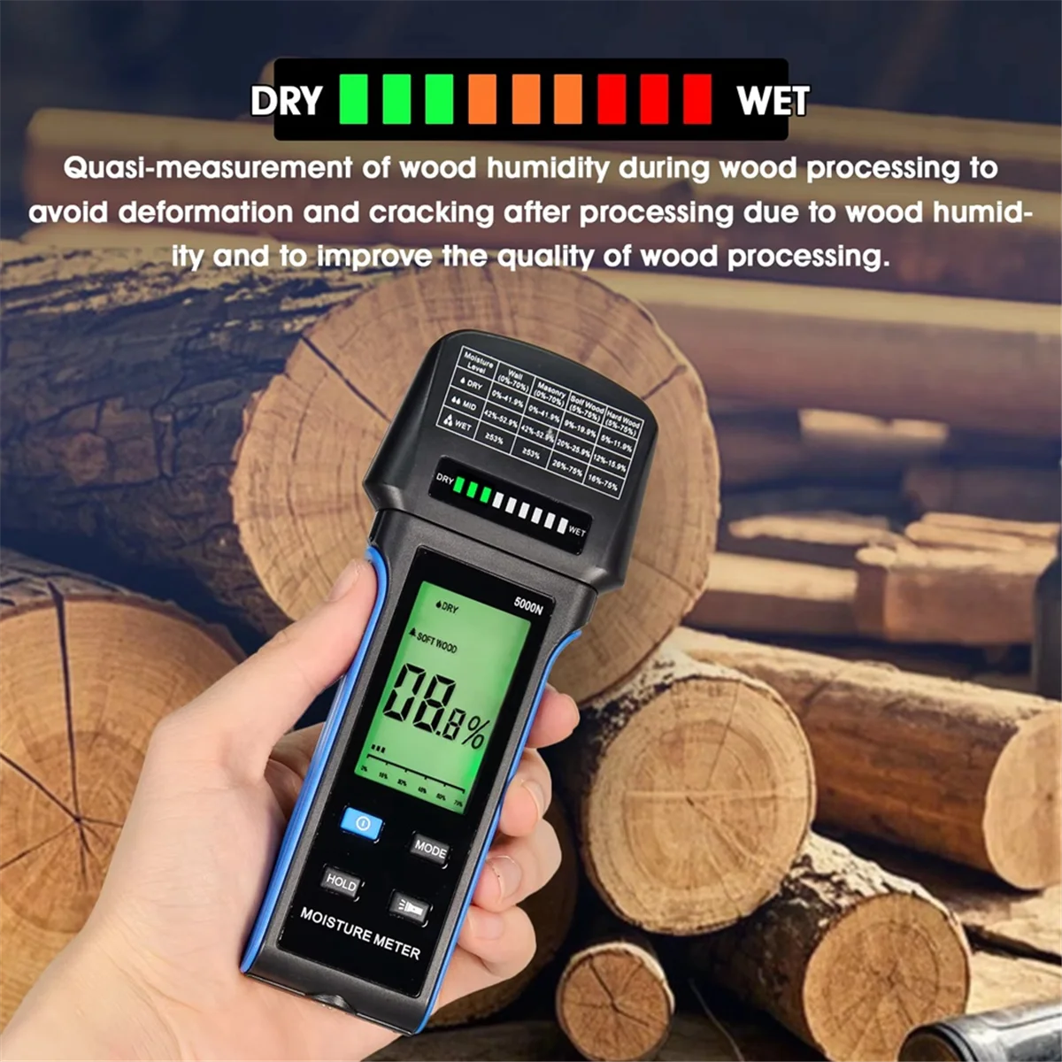 A04I Misuratore di umidità da parete Avviso automatico Misuratore di umidità ricaricabile Tester di umidità per cartongesso in legno 4 in 1, gamma 0-75% -5000N