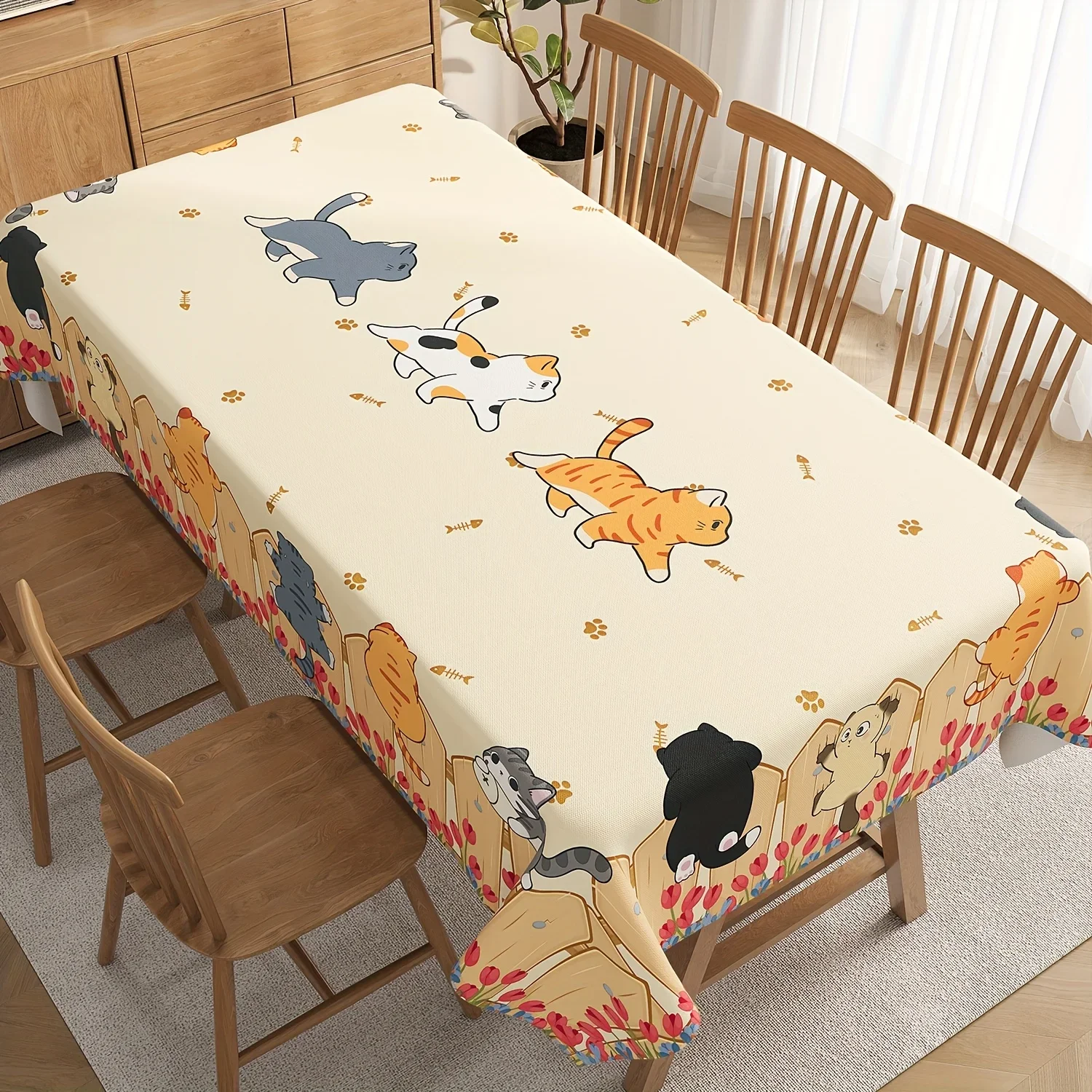1pc Cartoon Cat Pattern Tablecloth Cream Yellow Printed Table Cover For Dining Room Kitchen Decorative Dustproof Oilproof
