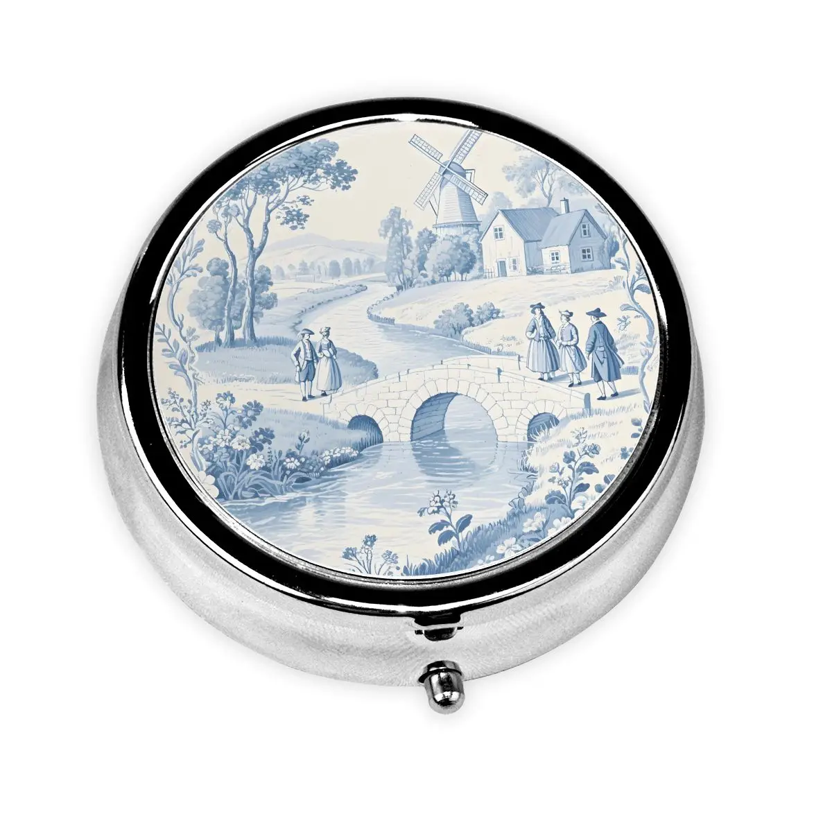 

Toile De Jouy Blue Round Pill Box Pills Dispenser French Countryside Floral Portable Medicine Organizer Storage Box Container