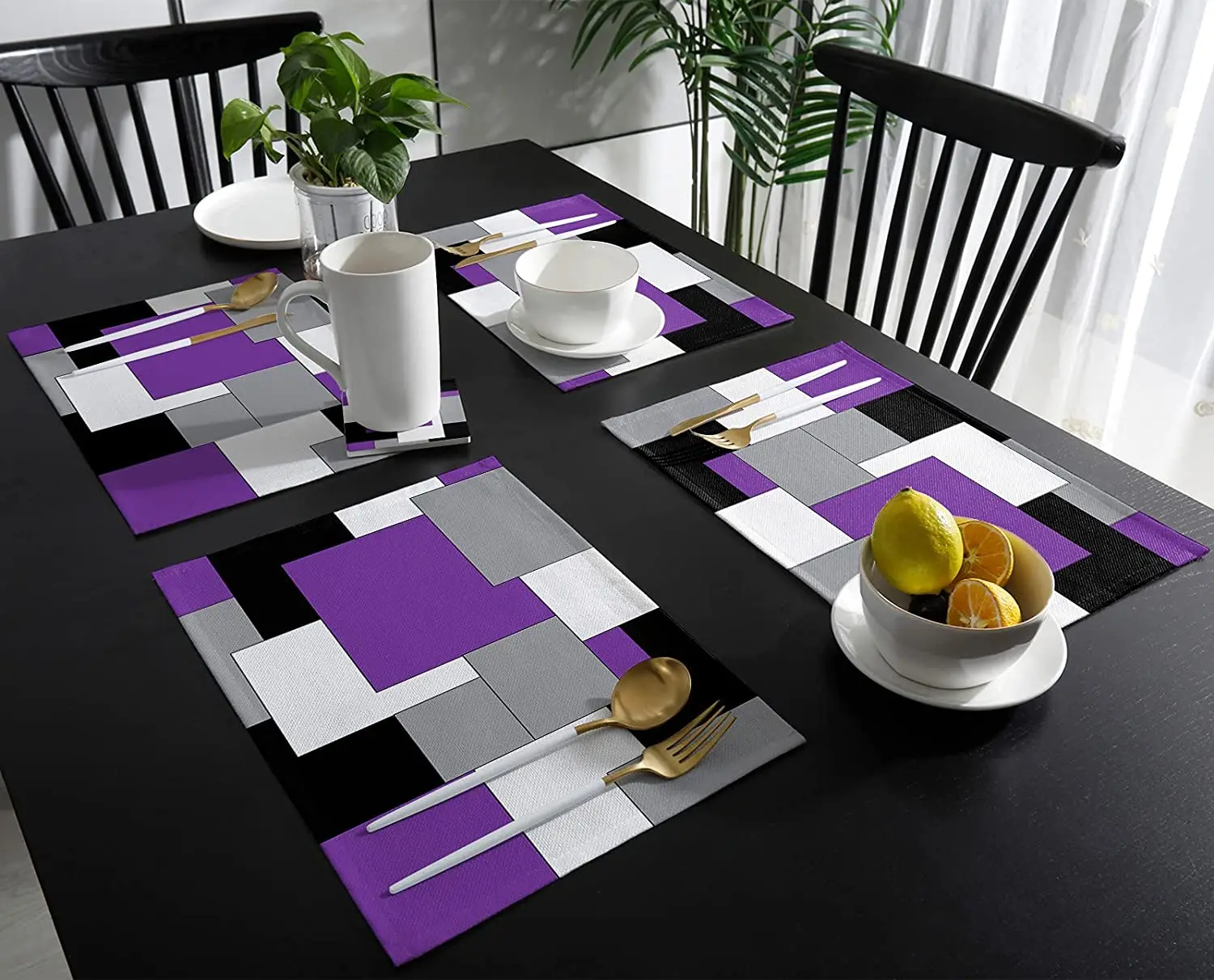 Tovagliette per tavolo da pranzo Set di 4/6 pezzi arte astratta Patchwork viola nero e grigio tavolo da cucina tovagliette tovagliette tavolo