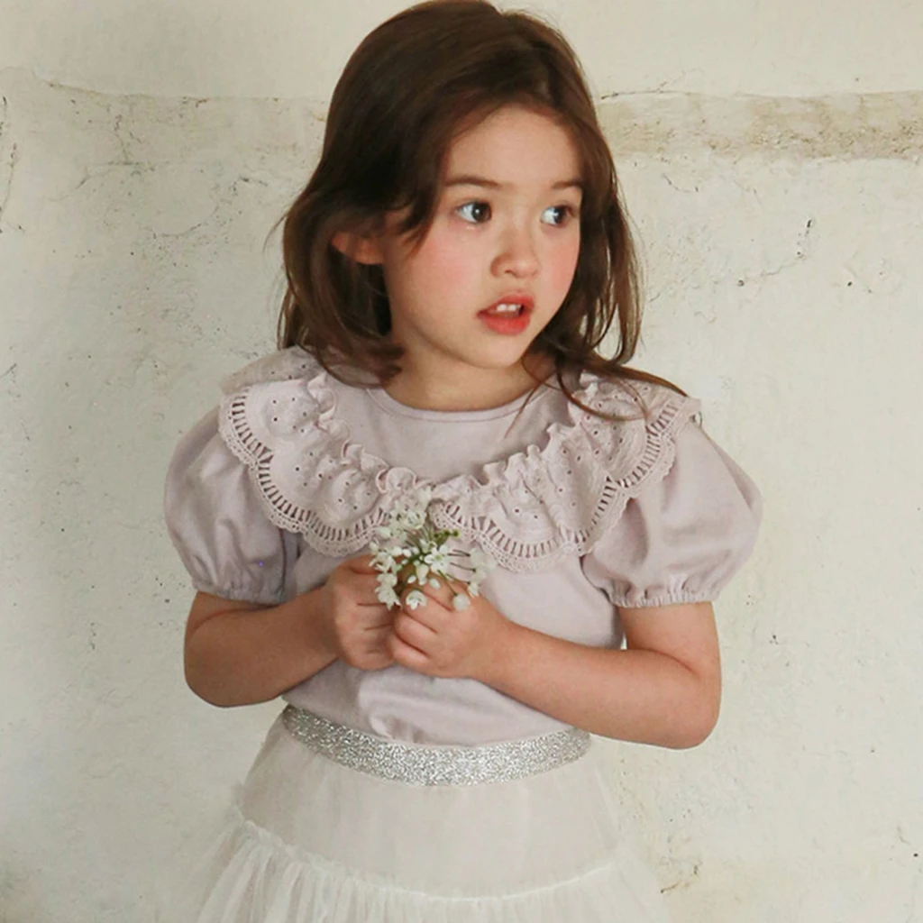 Kids Tops Summer 2026 Korean Style Children's Clothing Girl's Lantern Sleeve Phil Collar Lady T-shirt in Stock