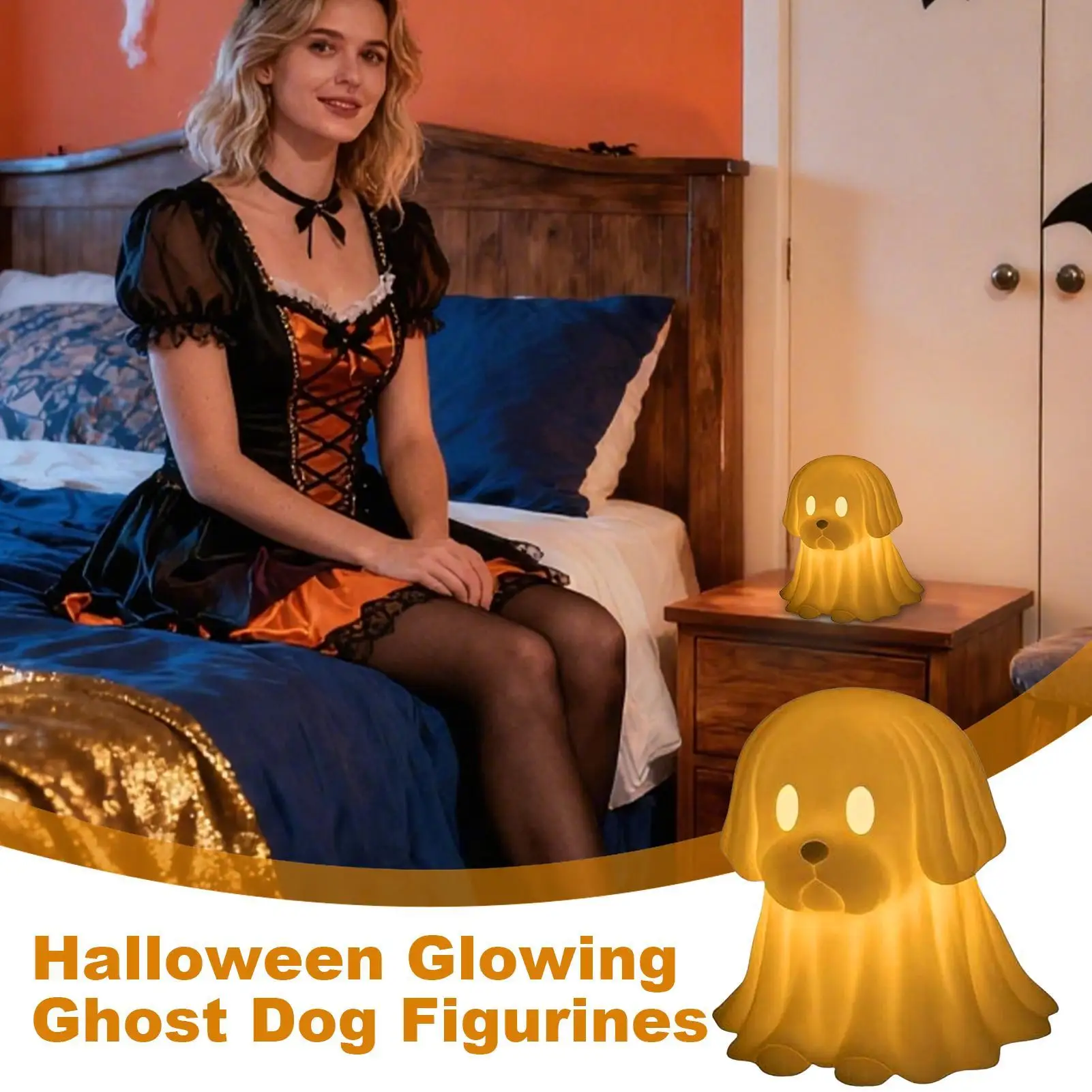 

Лампа таксы Хэллоуин Бульдог Светящаяся фигурка призрака Декоративные центральные детали стола для полки Каминный стол Тумбочки Окно