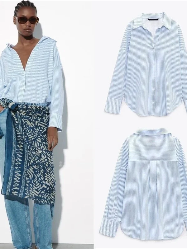 

Повседневная женская рубашка в полоску из смесового льна с длинным рукавом, свободного кроя, осенняя мода, универсальный гонконгский стиль, повседневная одежда