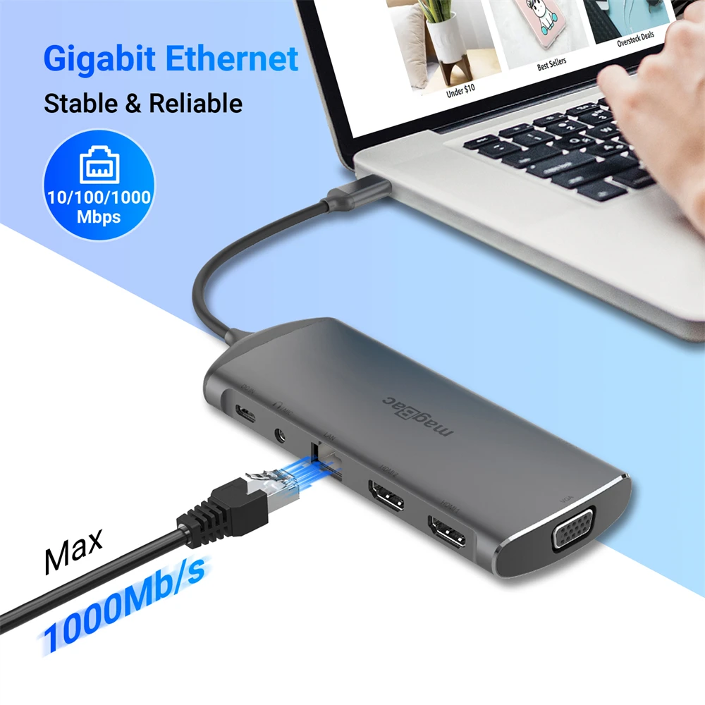 Imagem -06 - Magbac-estação de Ancoragem Usb c Macbook Lenovo Dell Laptop Asus Tela Tripla Dock tipo c 2x Hdmi Vga Ethernet sd tf pd 100w