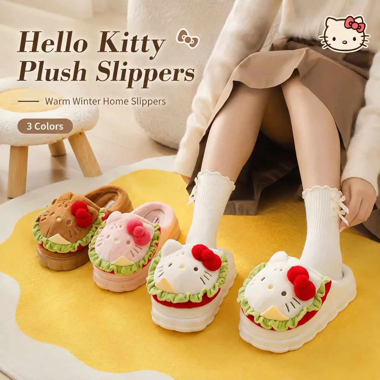 Sanrio Hello Kitty Mädchen Winter Herbst Halloween Warme Indoor Burger Plüsch-Hausschuhe mit Verdickter Sohle Rutschfeste Schlafzimmer-Hausschuhe Geschenk