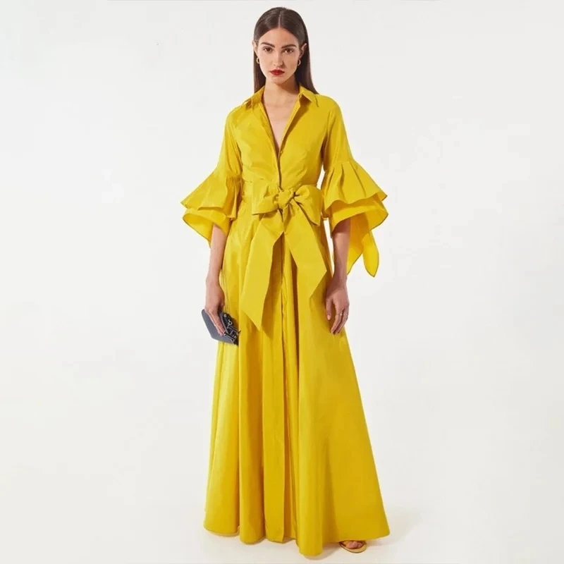 

Romantic Yellow V-Neck Ball Gown A Line Long Sleeves Party Evening Gowns Floor Length Saudi Arabia Special Occasion Dresses