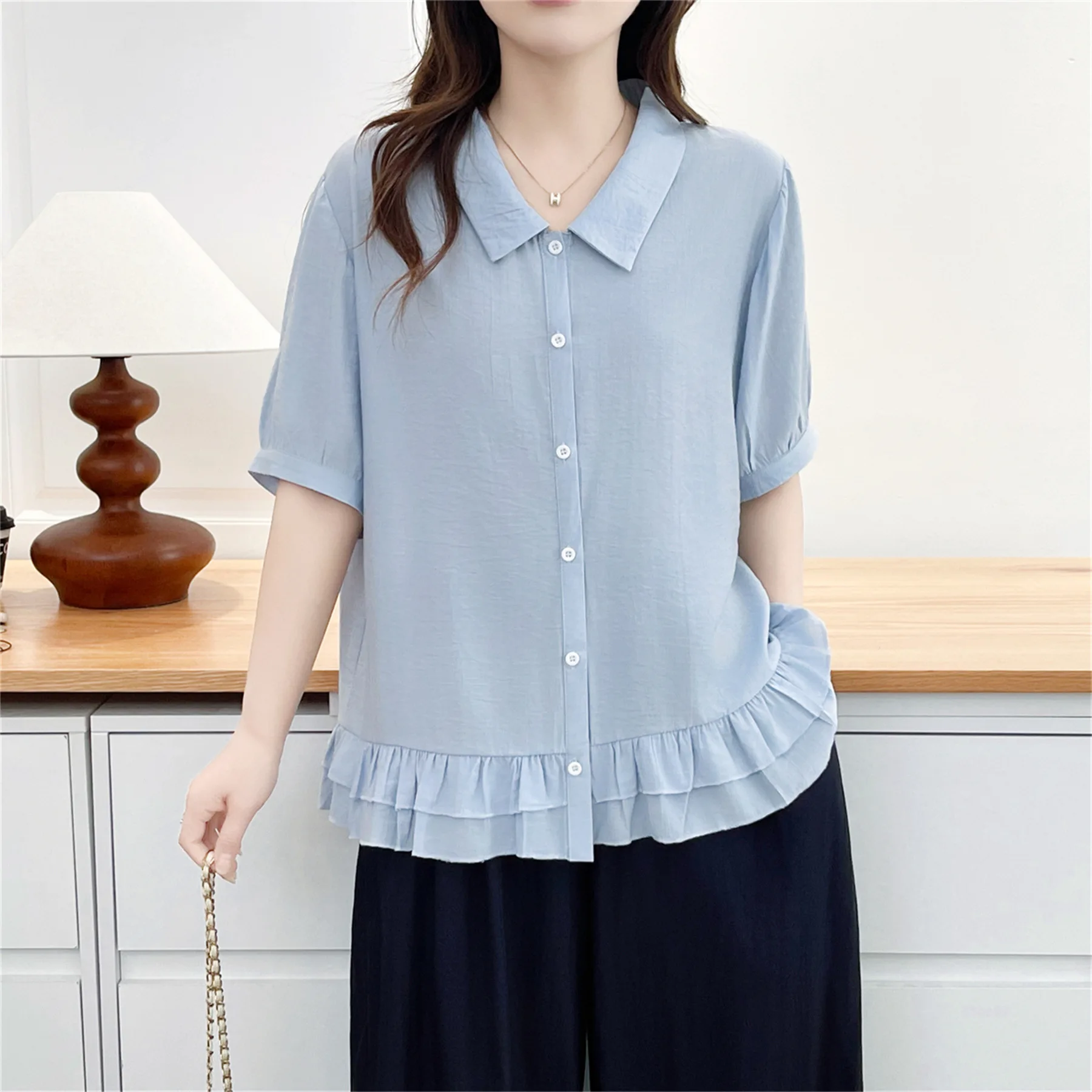 2026 Summer Plus Size Thin Ruffle Hem Open Blouse Short Sleeve Simple Daily Loose Shirt Curvy Ladies 8679 view 5