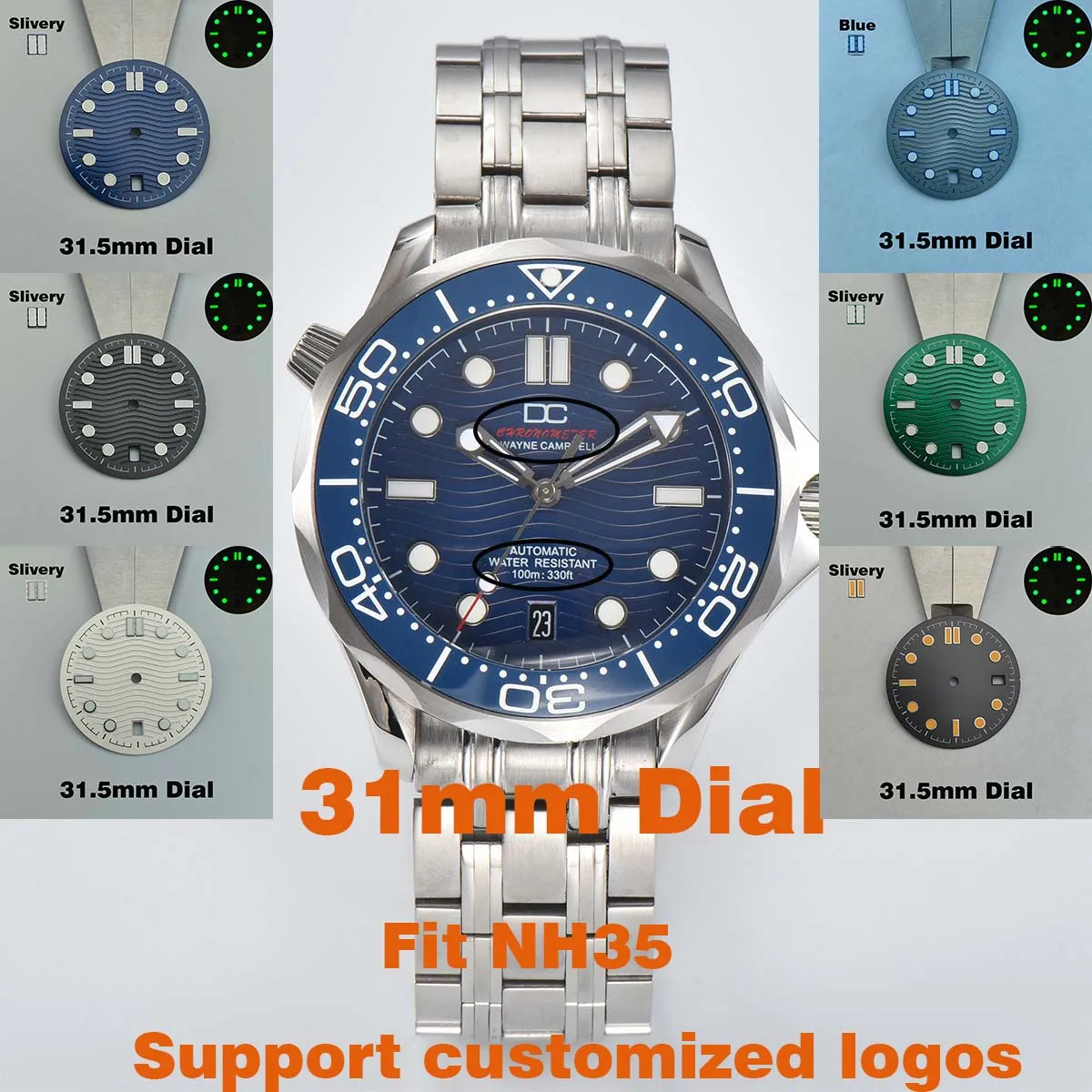 31.5MM 6 O'Clock Single Calendar Diameter Watch Dial Green Luminous for NH35 Movement Accessories