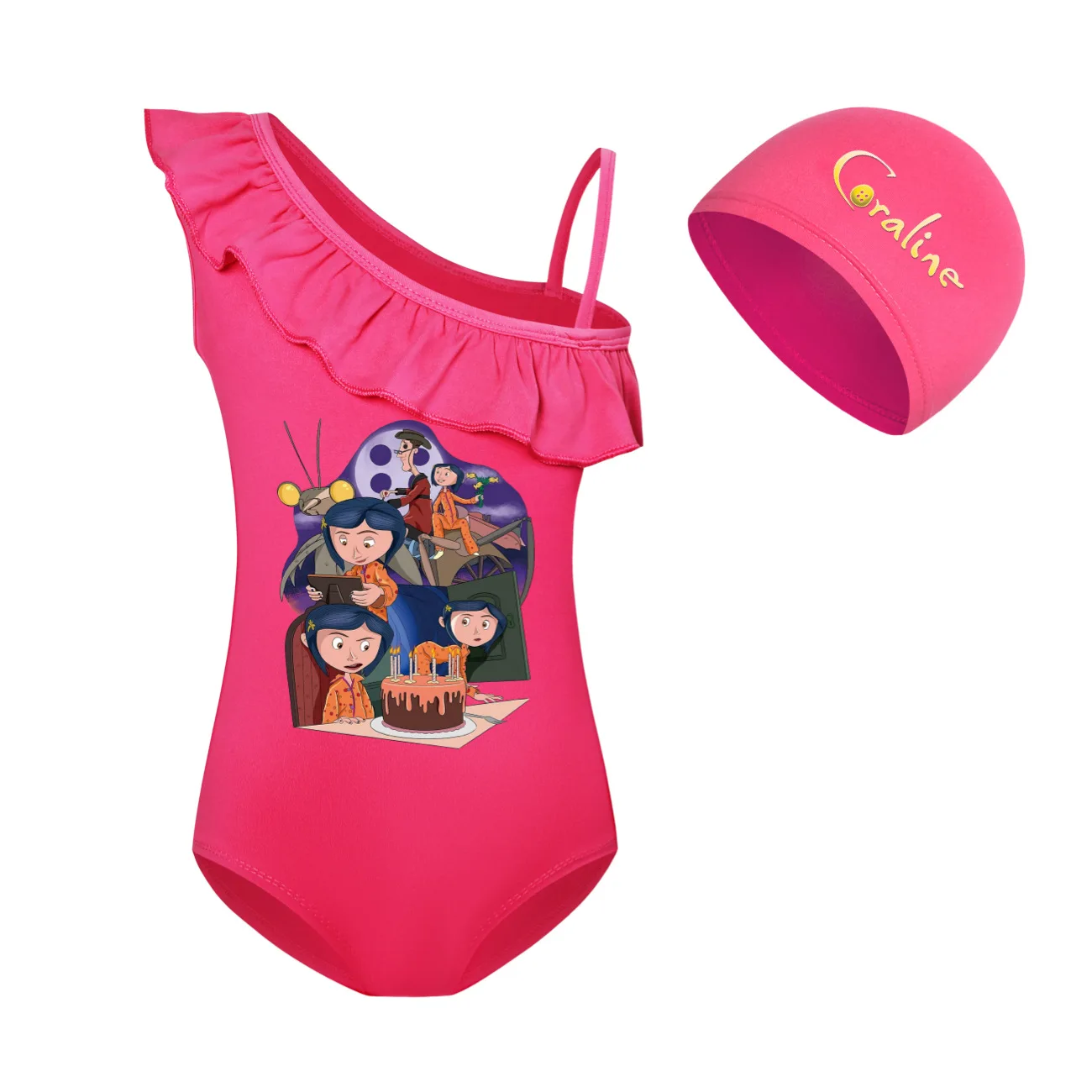 Coraline Swimwear Kids One Piece Beach Wear Child Baby Cute Backless Swimming Toddler Girls Cartoon Swimsuit+cap 2pcs Sets3060 image 5