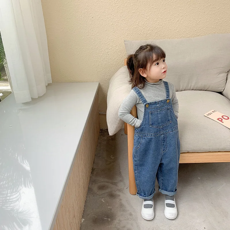 Korean Children Overalls Boys Girls denim Pants Spring Summer all-match Jeans toddler kids Loose Jumpsuit