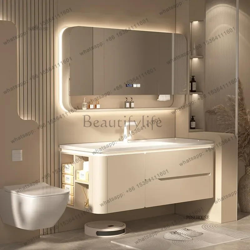 PG Oak Bathroom Cabinet Combination Rounded Corner Cream Ceramic Integrated Sink Toilet Washbasin Bathroom Vanity Cabinet s