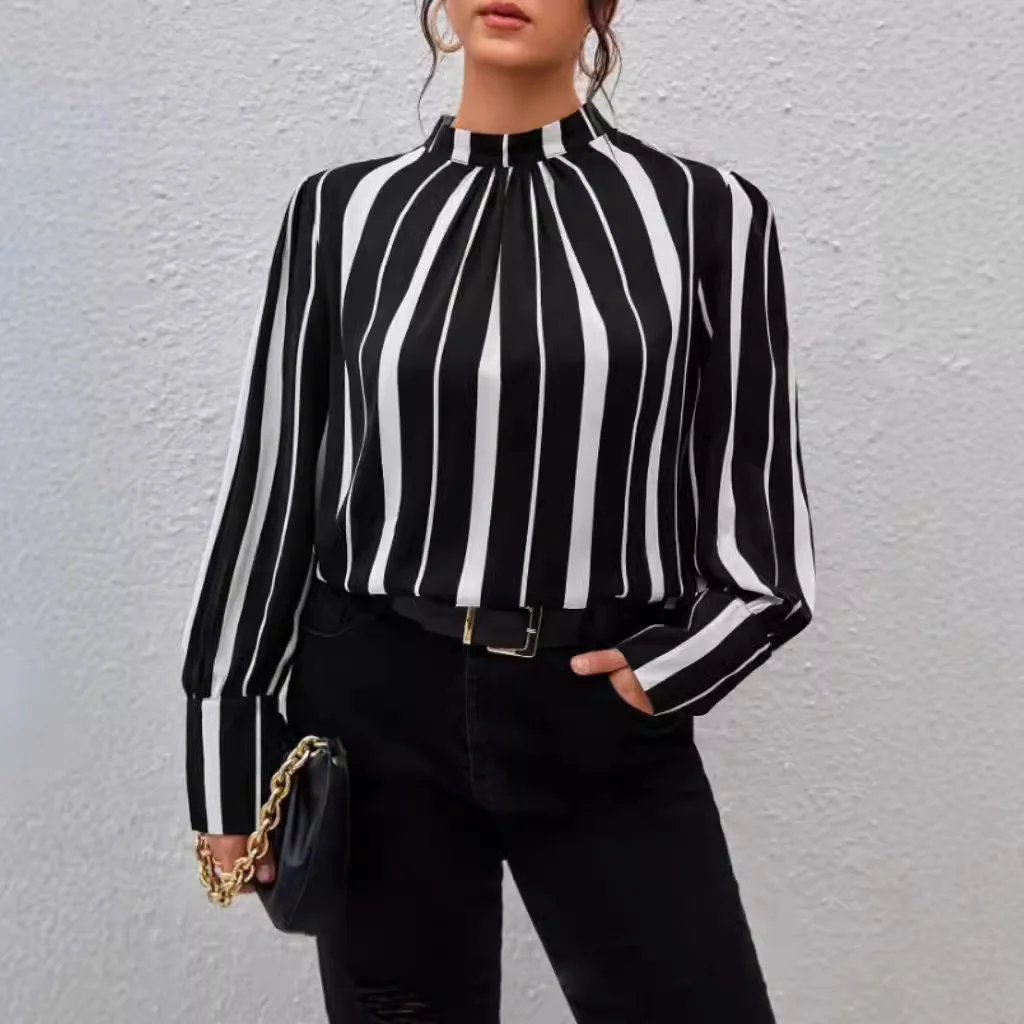 

Plus Size Long Sleeve White Black Striped Shirt for Office Lady Elegant Design Oversized Shirts for Women Autumn Spring Winter