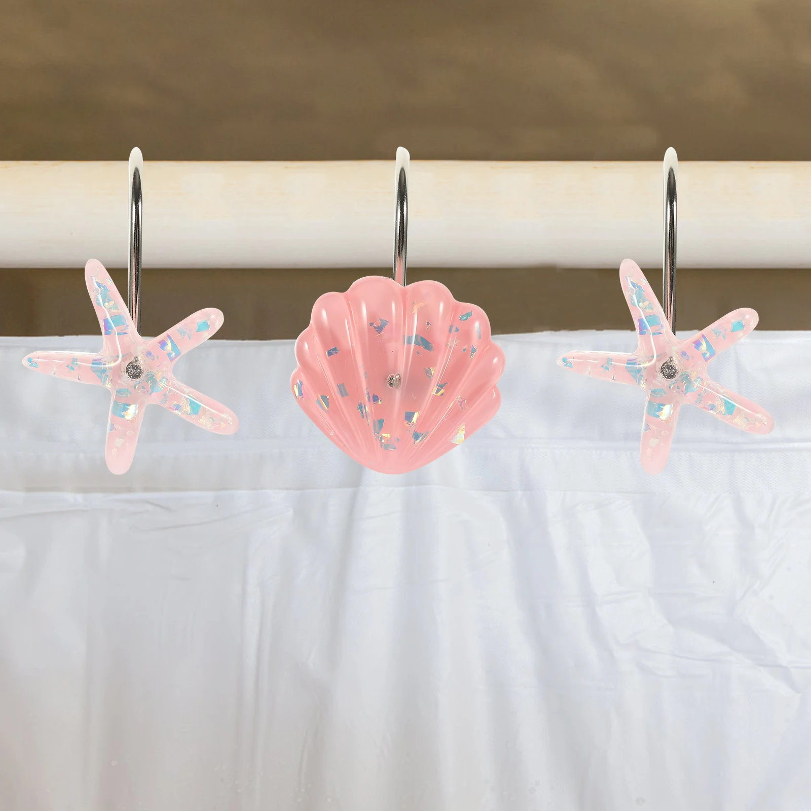 

Resin Metal Hooks for Shower Curtain Pink Shell Design Bathroom Accessories Decorative Hanging Hardware High Strength