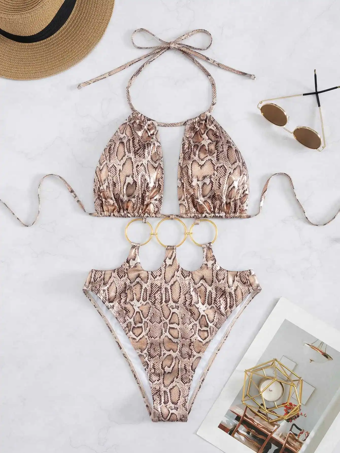 sexy snake print metallic metal ring swimsuits one piece hollow out bodysuits bikinis bathing suit swimwear biquini tankini