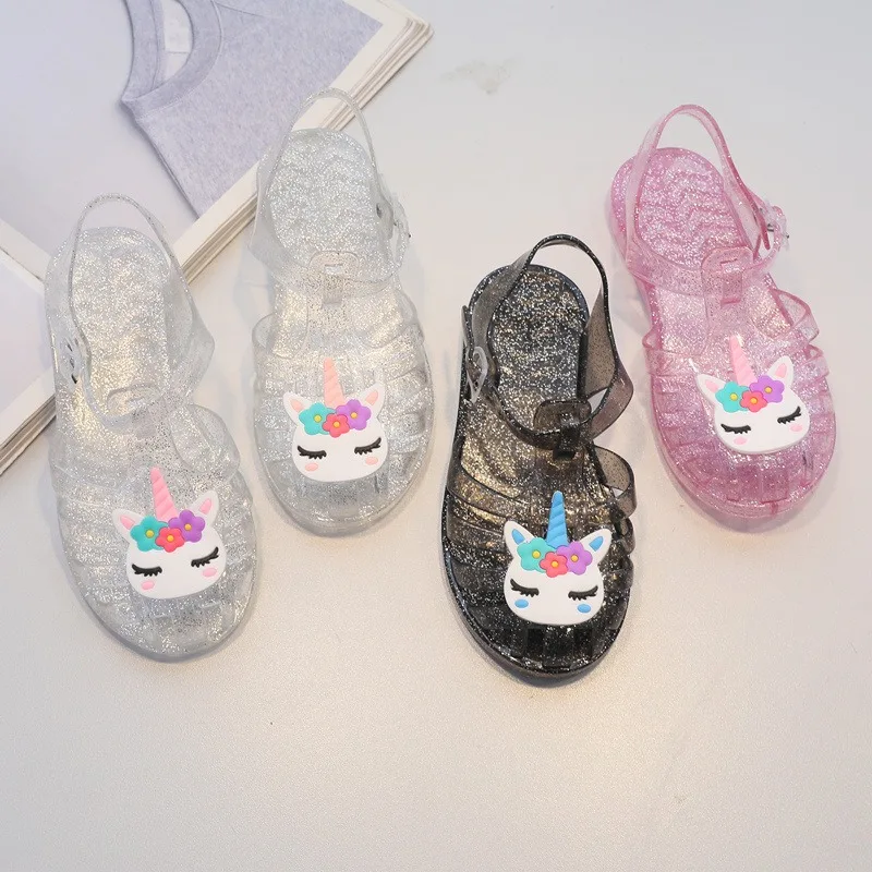 Kids sandals cute girls boys beach hole shoes transparent glitter jelly crystal Children shoes princess breathable Roman sandals
