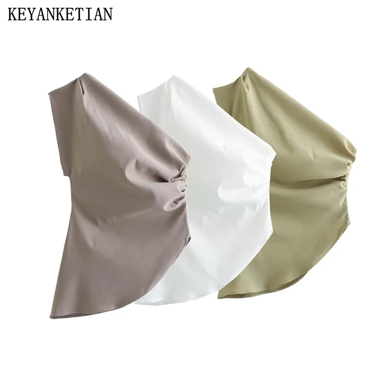 KEYANKETIAN New Summer Asymmetrical One-Shoulder Design Women's Sleeveless Top Commuter Chic Slim Pleated Pullover Shirt