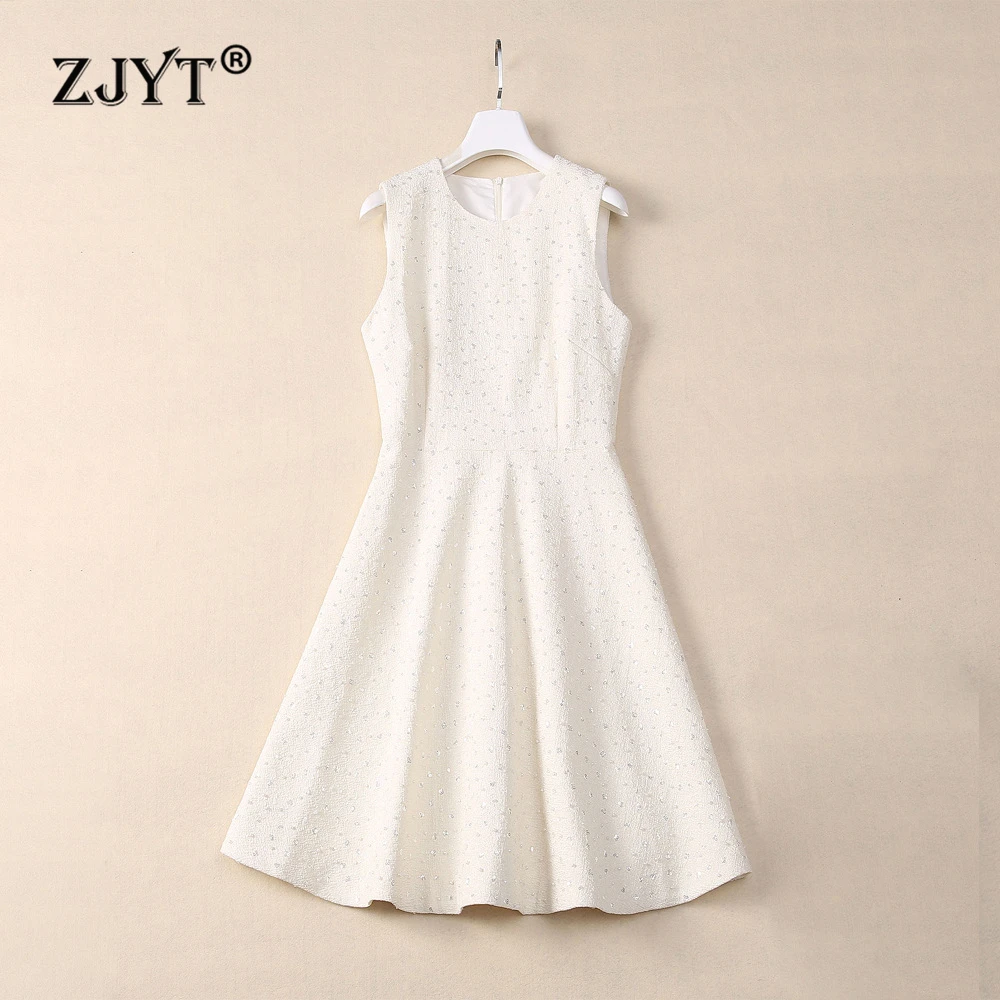 

ZJYT Fashion Women's Summer Tank Party Dresses Sequined Vestidos Para Mujer Elegant O Neck Sleeveless Above Knee Dress Robes