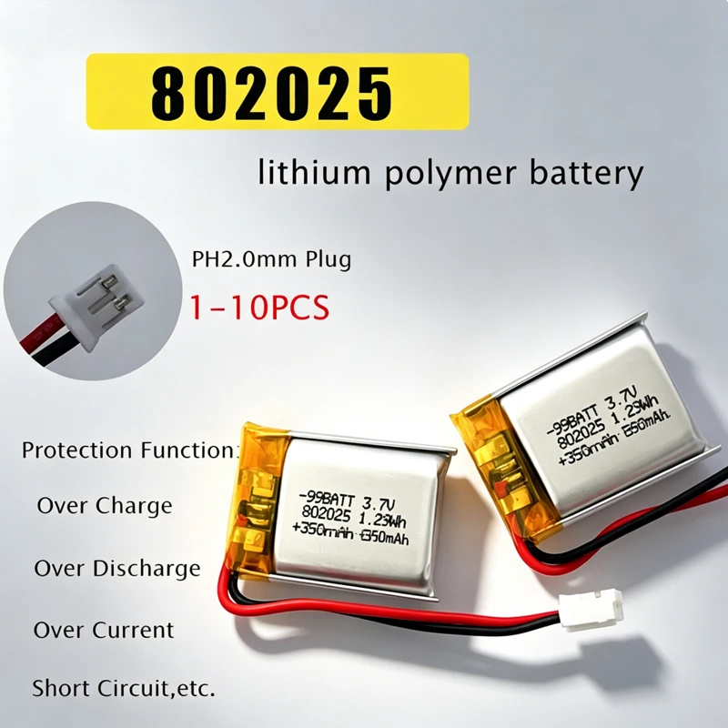 Batterie Lipo 802025 3.7V, 350mAh, Lithium polymère, pour Audio Bluetooth, casque Bluetooth, Instrument de beauté, DVD, GPS, MP3/4